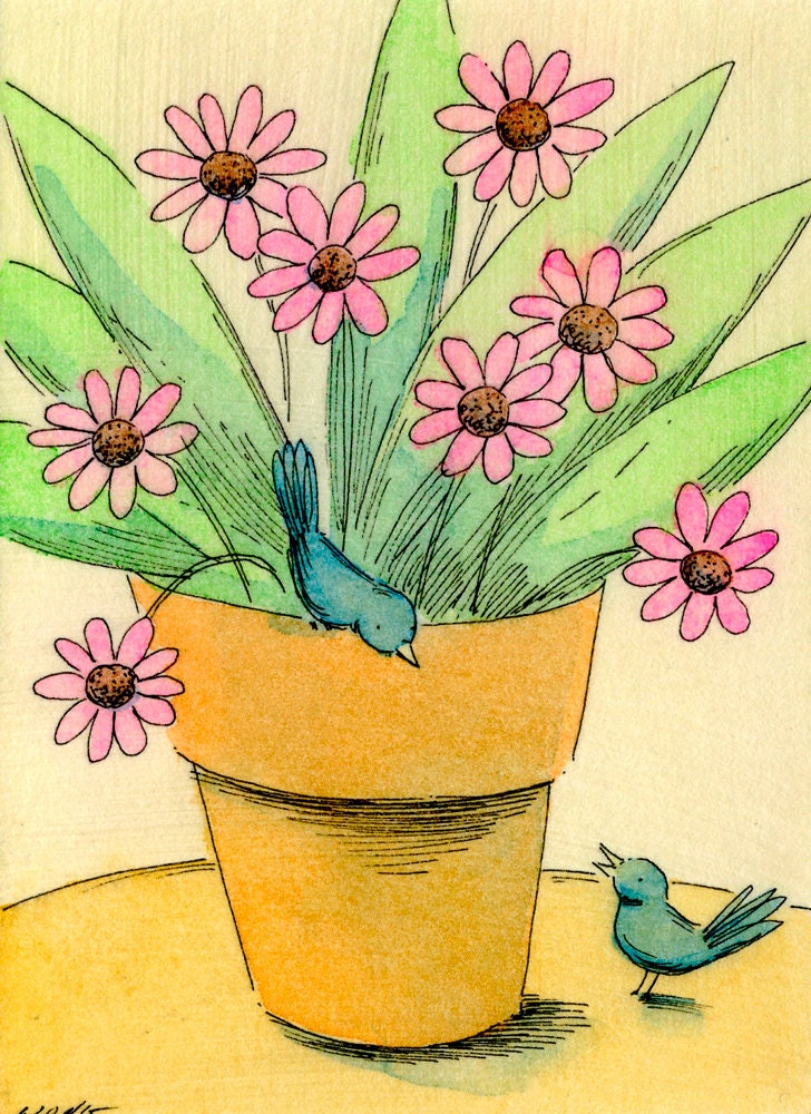 Original ACEO Painting -- Two birds and pink flowers