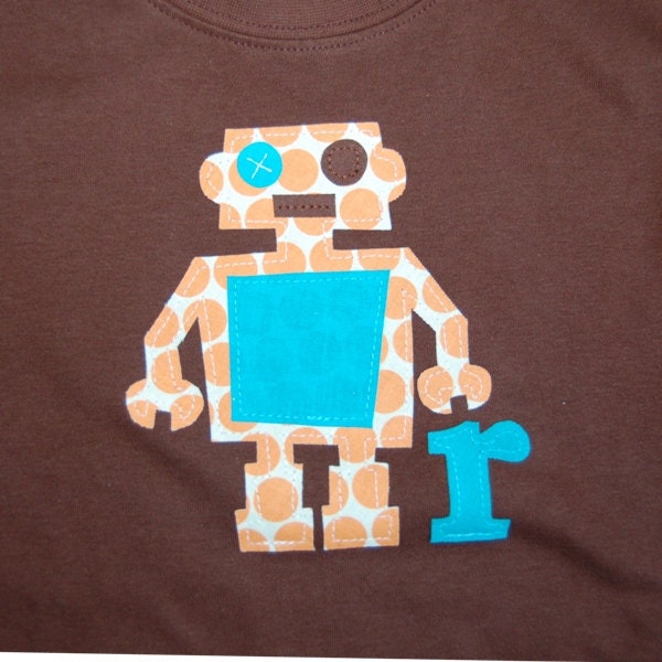 R is for Robot Shirt ... Ready To Ship boys size 4 brown LONG sleeve tee ...  perfect boys birthday tee