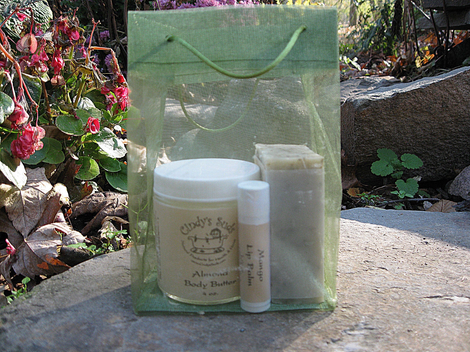 Gift Bag with Handmade Soap, Body Butter and Lip Balm, Moss Green Organza Bag