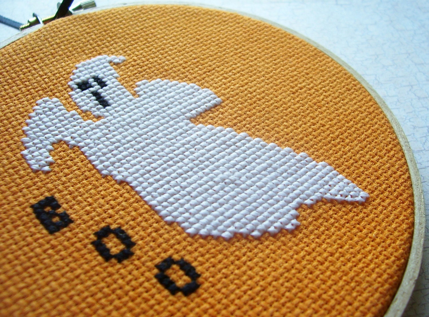 Glow-in-the-Dark Ghost Cross Stitched Wall Art or Ornament - Hoop Art