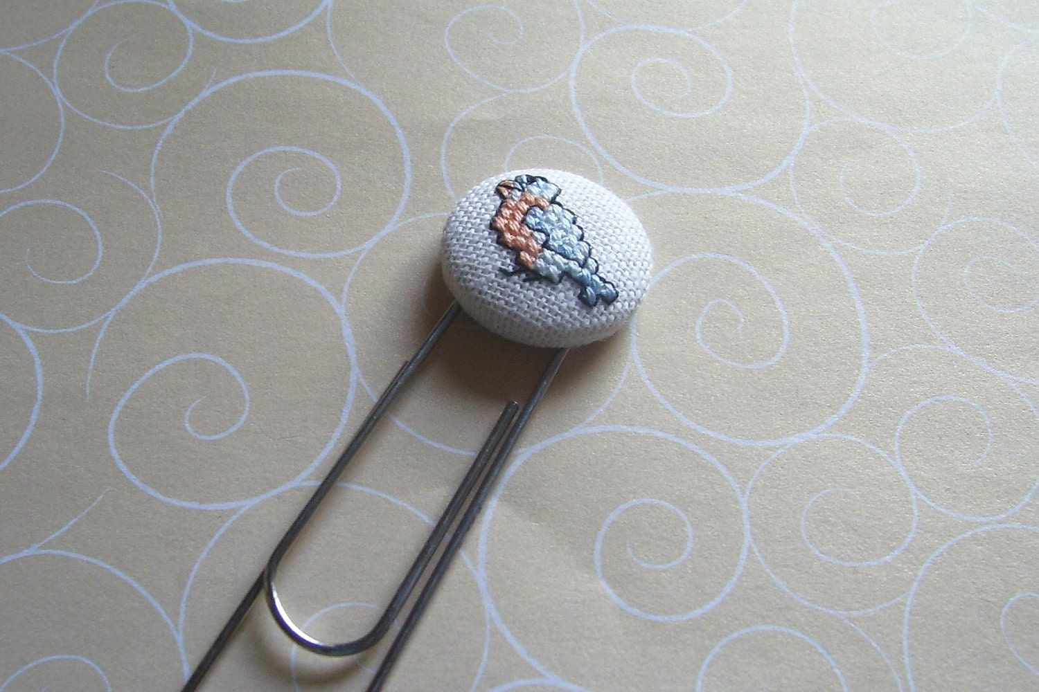 Blue Bird Paper Clip and Cross Stitched Button Bookmark