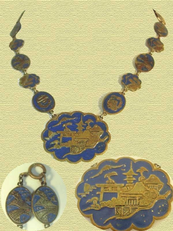 Vintage  Turquoise enamel Chinese snake pagoda Vintage ornate  necklace