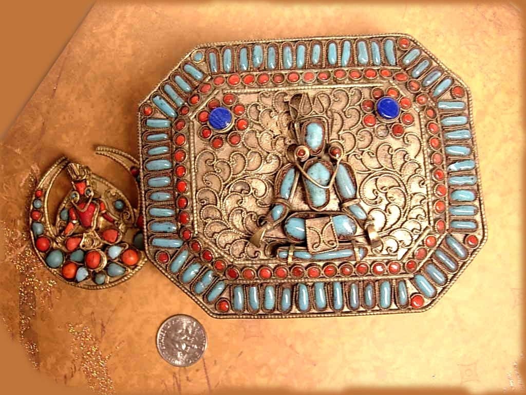 aNtique GOddess Primitive etruscan Turquoise coral Box and brooch