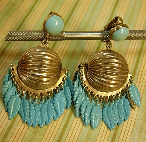Vintage Turquoise enamel earrings clip on dangle earrings gypsy style