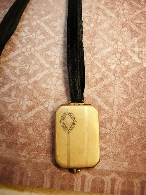ANtique VIctorian locket case necklace with original photo black ribbon
