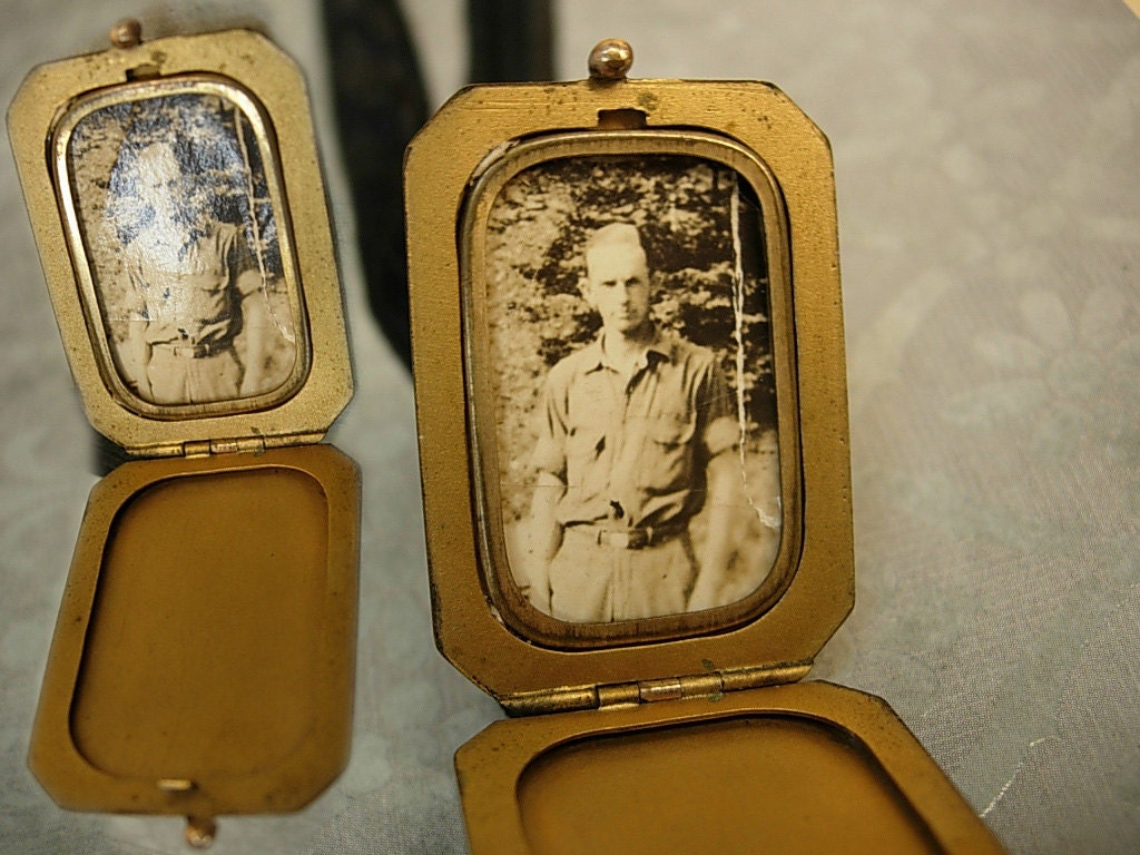 ANtique VIctorian locket case necklace with original photo black ribbon
