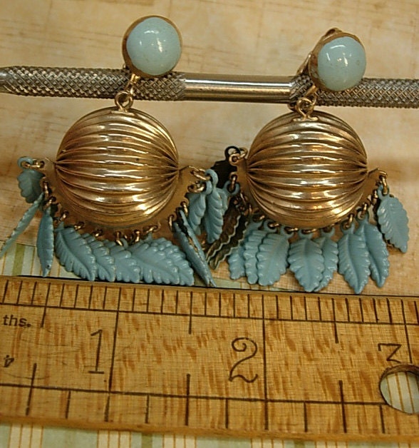 Vintage Turquoise enamel earrings clip on dangle earrings gypsy style