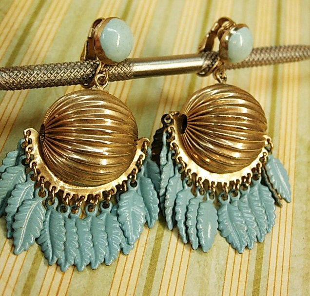 Vintage Turquoise enamel earrings clip on dangle earrings gypsy style