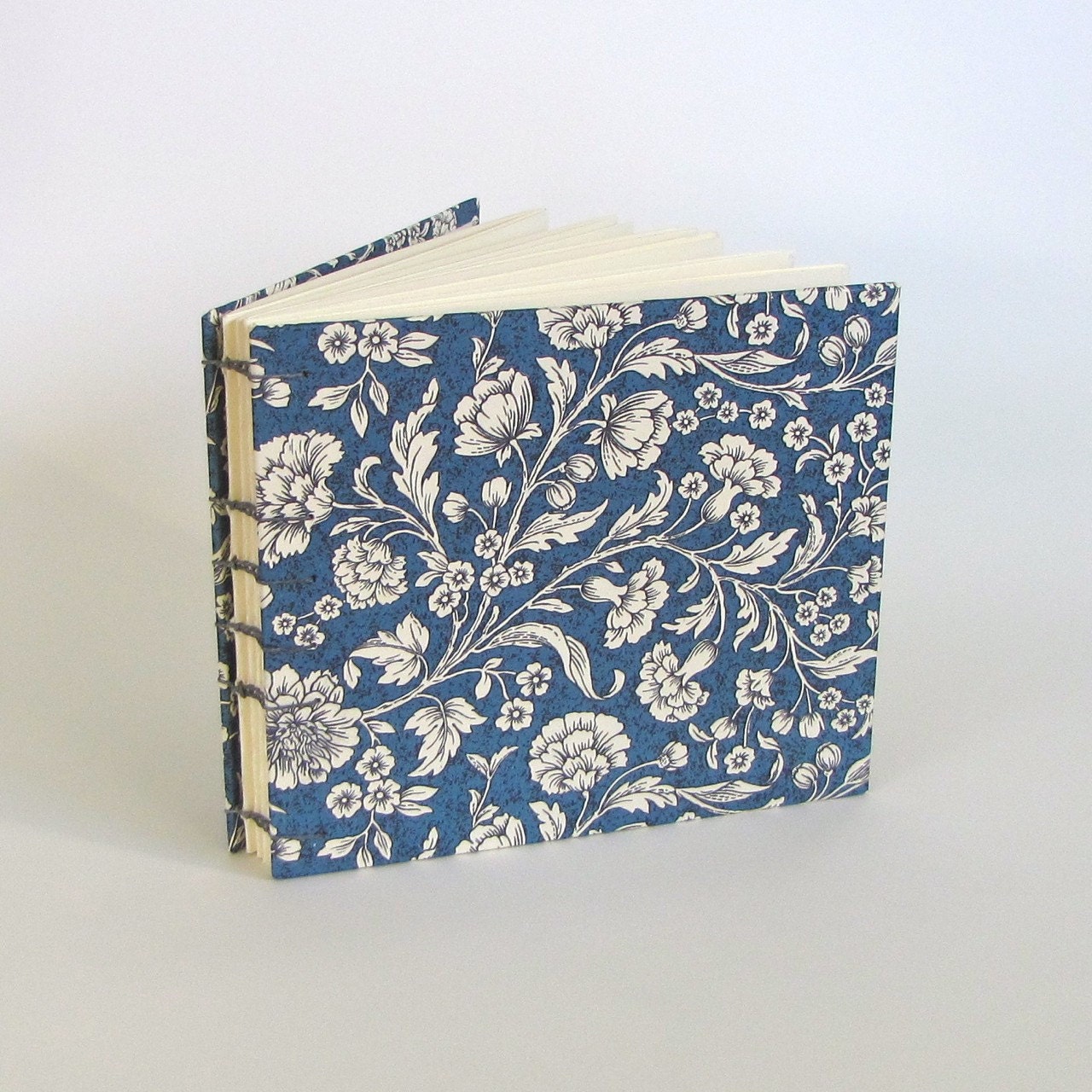 Wedding Guest Book, Tuscan Woodcut Floral in Blue, Medium Guest Book, Made To Order