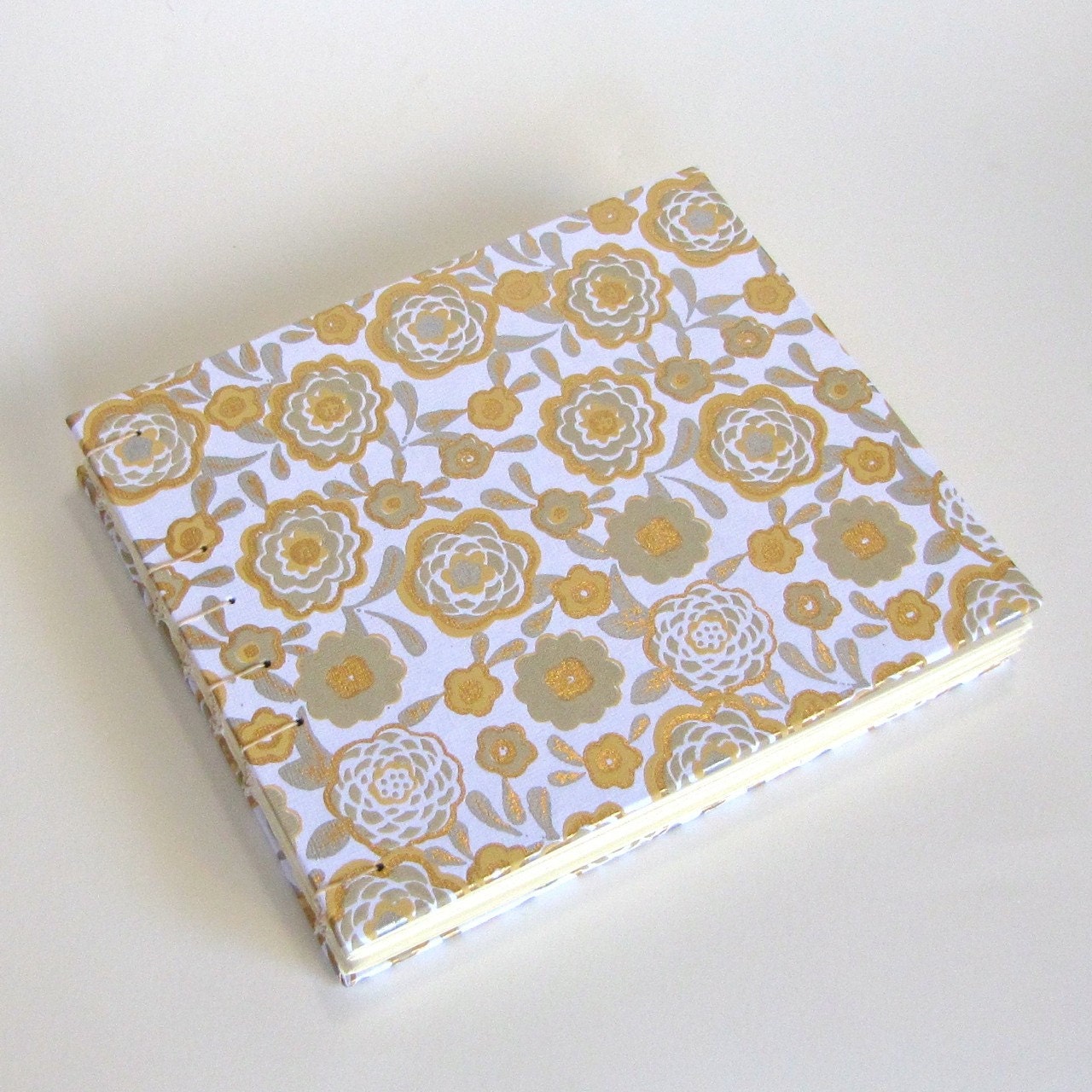 Silver and Gold Zinnias on Natural, Large Wedding Guest Book, Made To Order