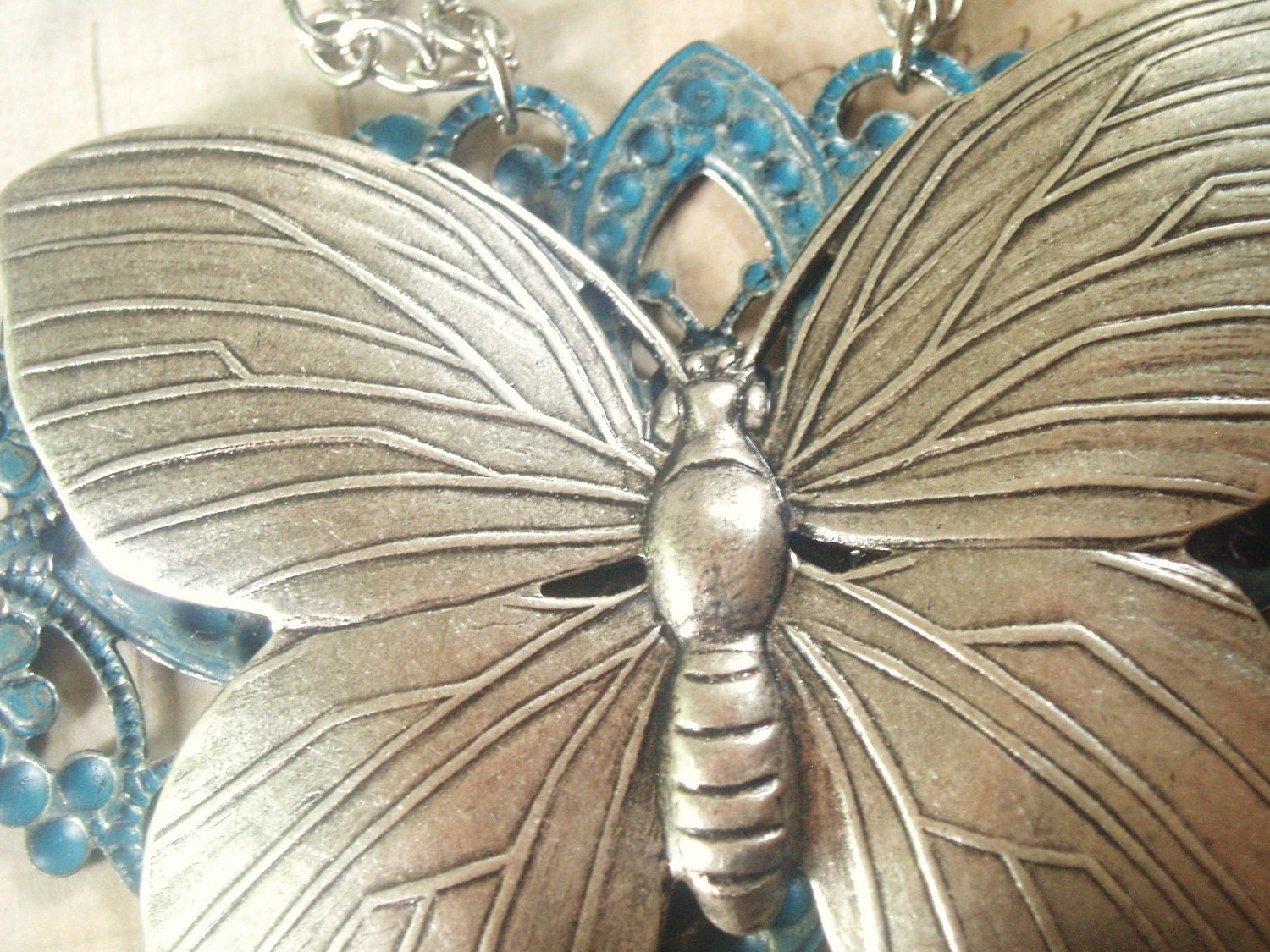 Butterfly Blooms - Butterfly Necklace, Silver Necklace, Flower Necklace, Blue Necklace