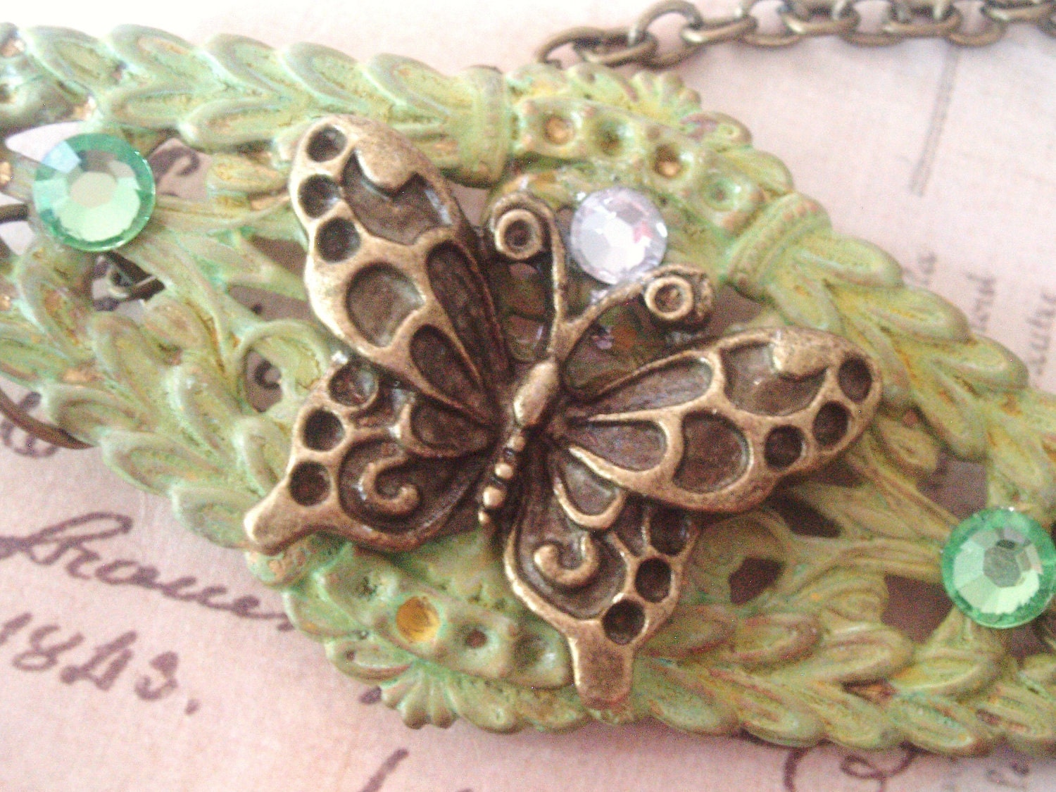 The Green Butterfly Gate - Butterfly Necklace, Brass Necklace, Filigree Necklace, Green Necklace