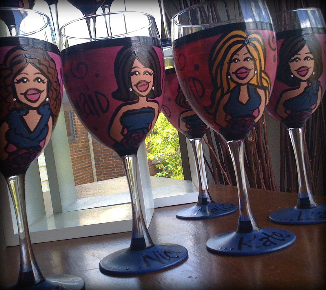 Bridesmaids (4 glasses) Custom Hand Painted Wedding Glassware