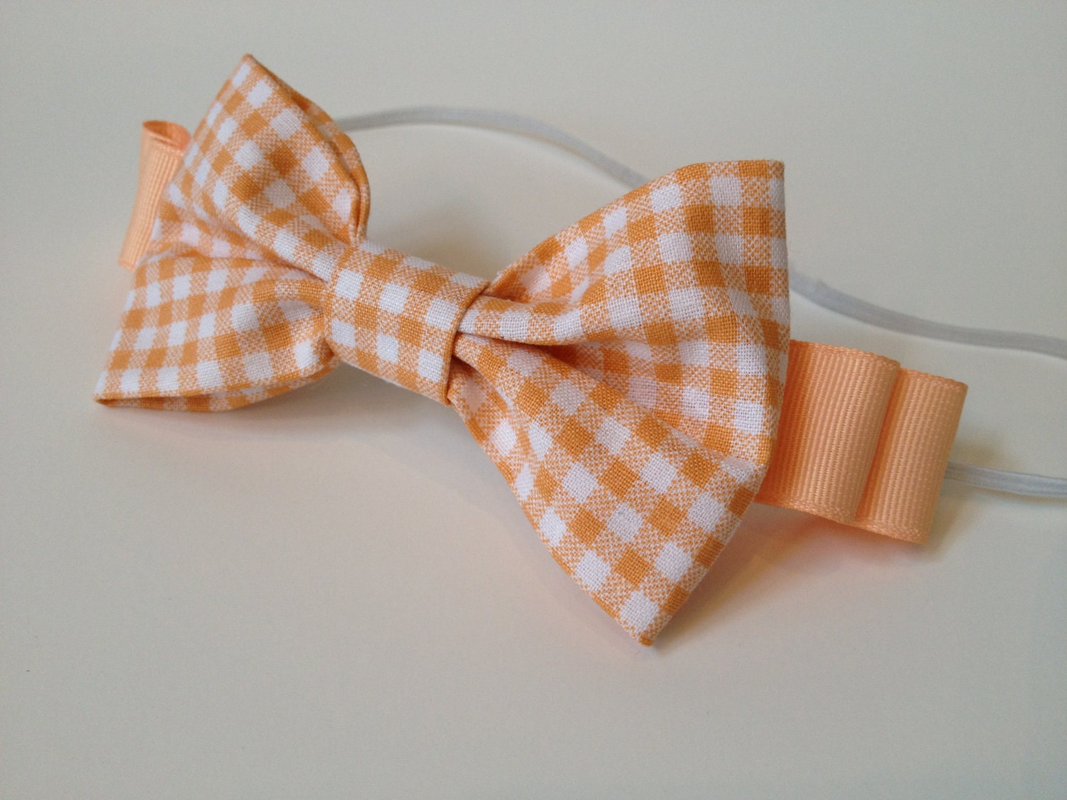 Peach Cobbler à la Mode - gingham fabric and grosgrain ribbon bow headband