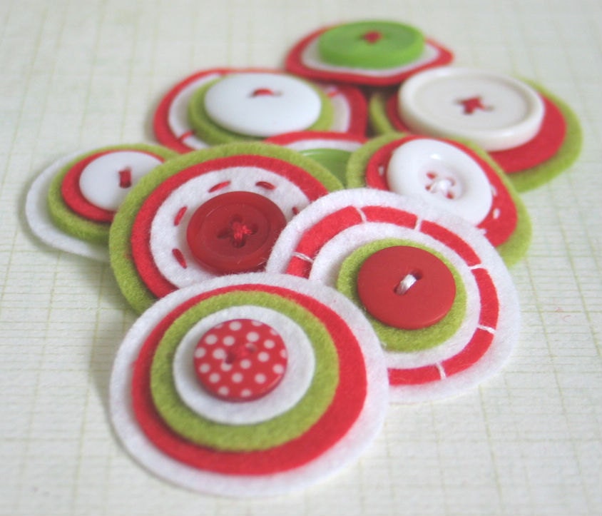 Happy Jolly Christmas Button Baubles - Set of 9 Handmade White, Lime and Red Layered Felt and Button Embellishments