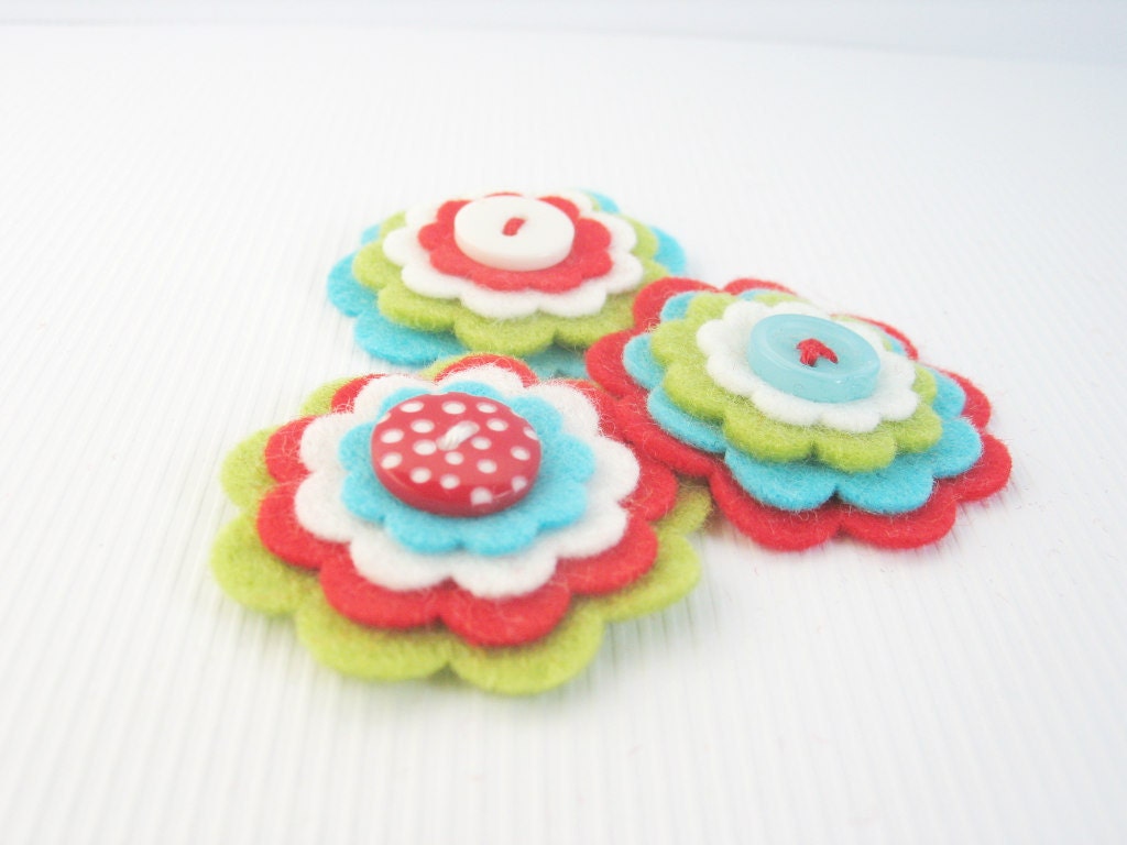 MERRY and BRIGHT Felt Flowers - Set of 3 Handmade Christmas Layered Felt Flowers in White, Lime, Red and Aqua / Christmas Embellishment