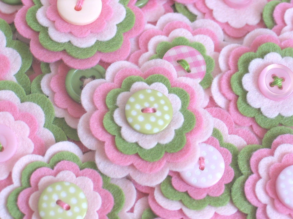 WATERMELON - Set of 3 Handmade Felt Flower Embellishments in Pink, Light Pink and Green / Felt Applique / Felt Embellishment
