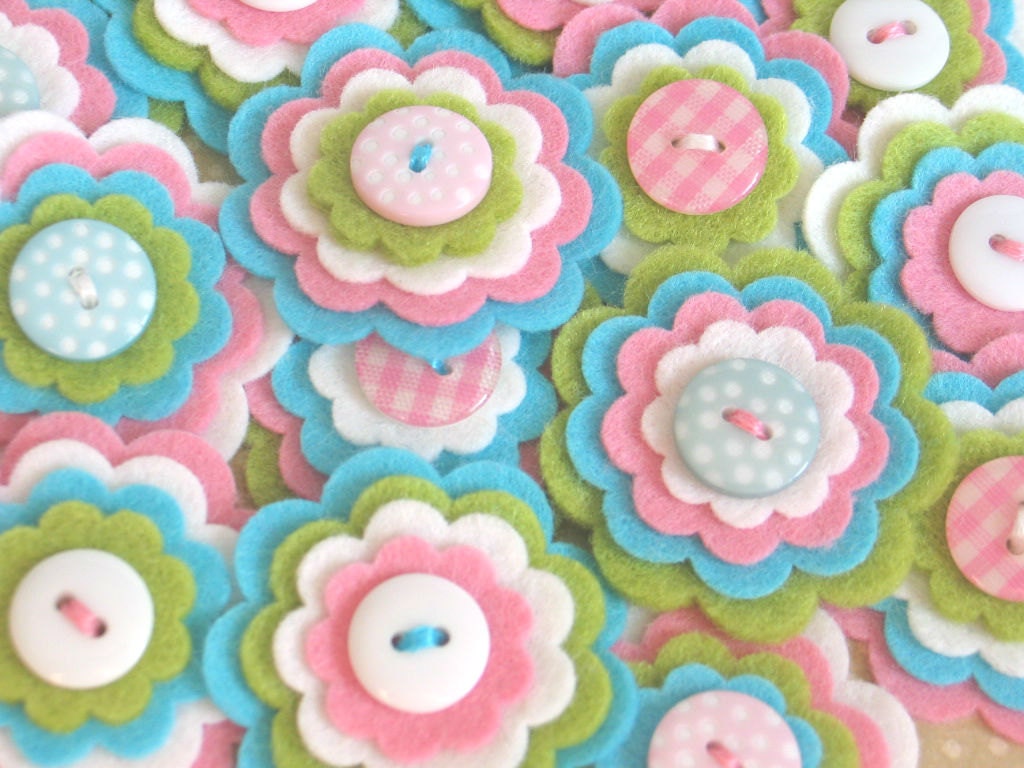 EMILY Felt Flower Embellishments  - Set of 3 Handmade Felt Flowers in Pink, Aqua, White and Lime