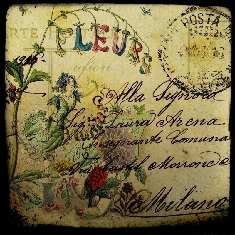Les Fleurs, Flower and vintage letter collage print