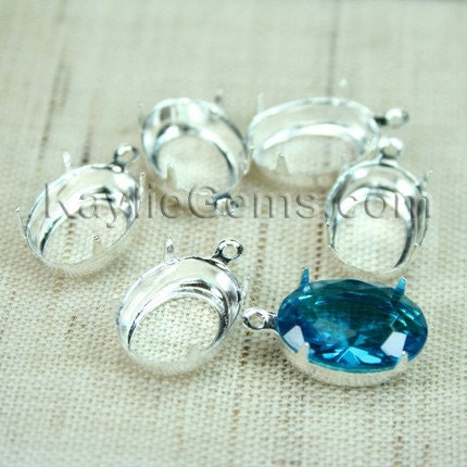 Prong Setting Sterling Silver Plated Oval 14x10mm Open Back with 1 Loop Rings - 12pcs