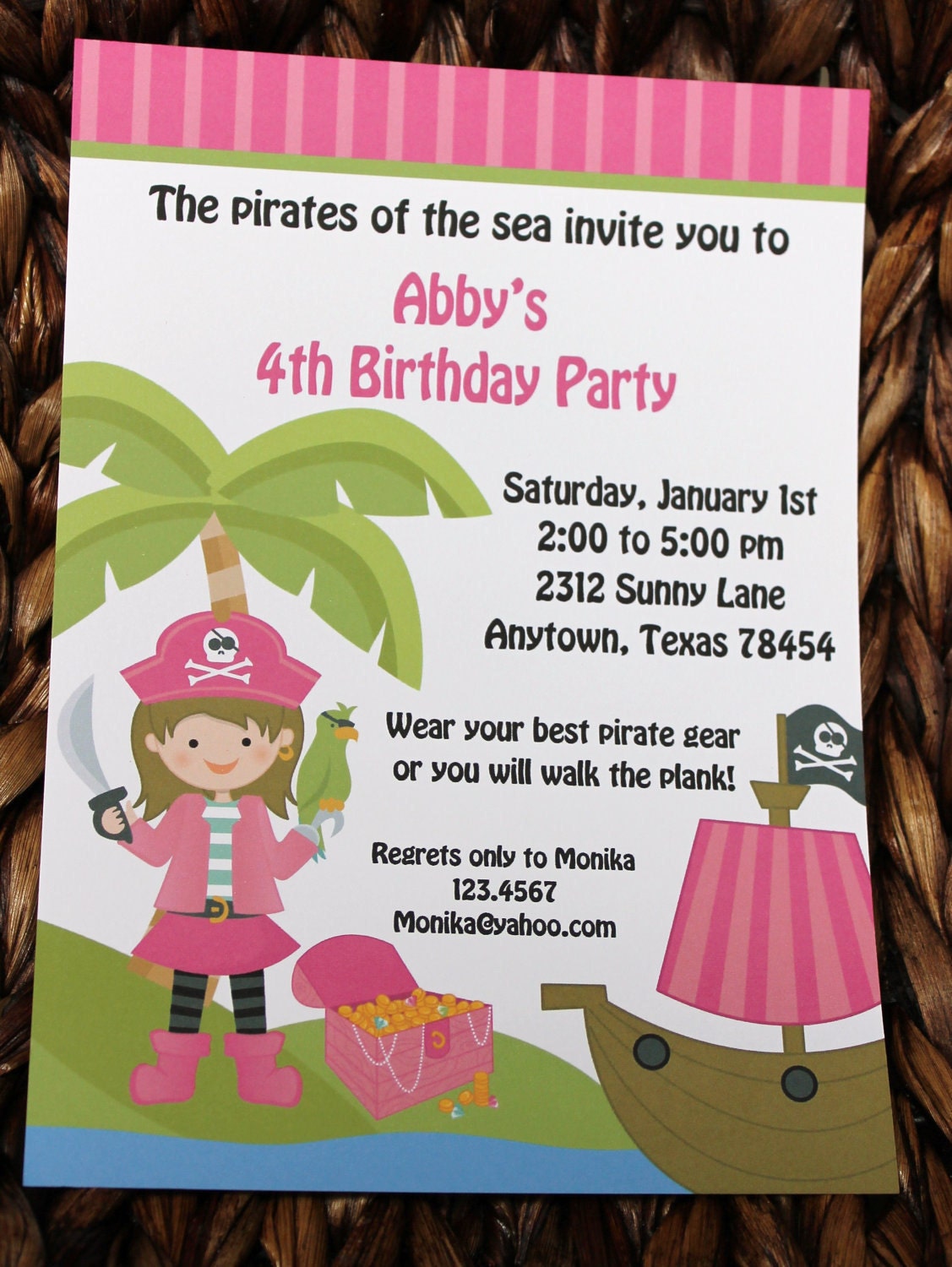 Pink Pirate Birthday Party Invitations With Brunette Hair Il_170x135