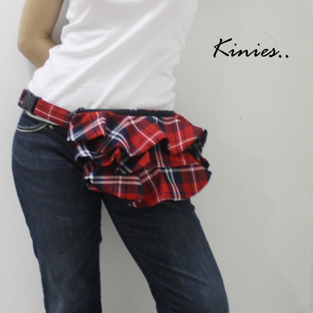 KINIES Ruffled Waist Purse in Red and Navy Blue Plaid - Fanny Pack / Hip Bag