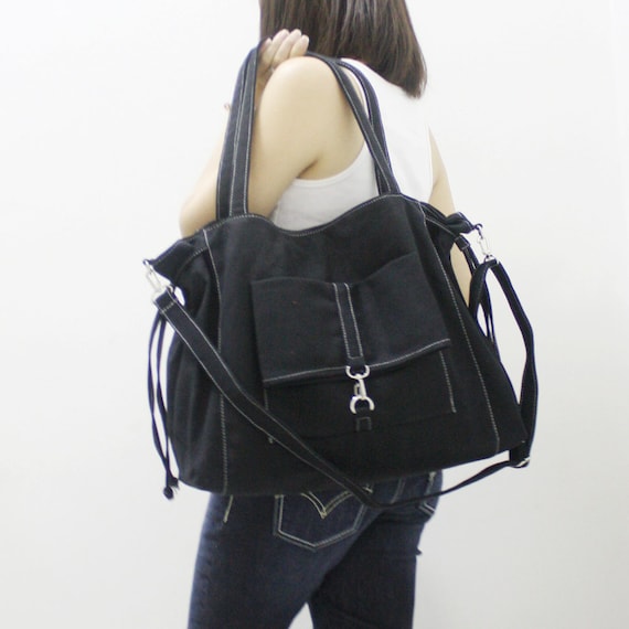MAY Sale - BLACK Canvas Women Double Straps Shoulder Bag, Tote, Crossbody Messenger, Diapers Bag, Laptop, School Bag, Handbag - EZ