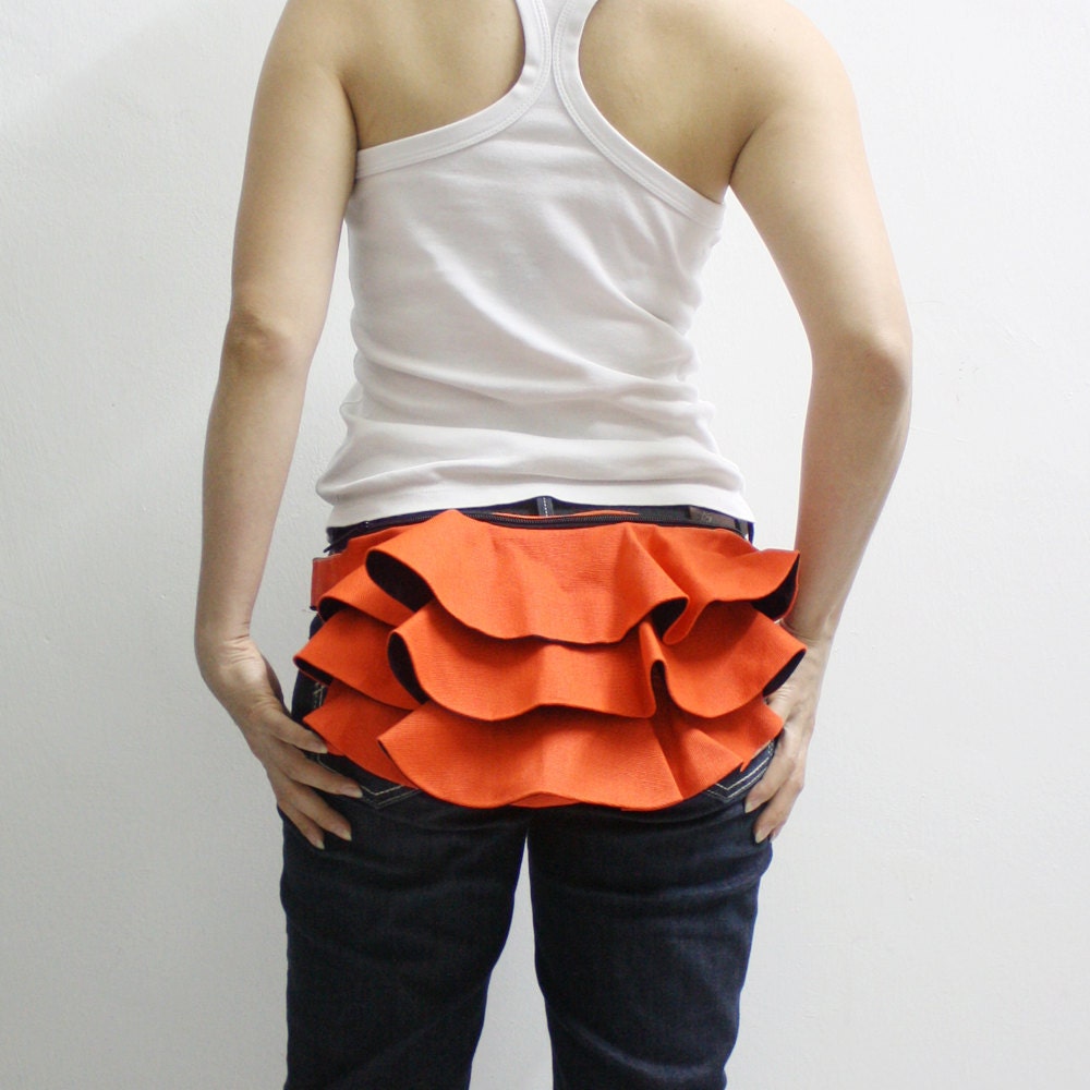 MAY Sale - Orange Ruffled Canvas Women's Fanny Pack, Hip Bag, Belt pouch, Handbag - Kinies Ruffled Waist Purse