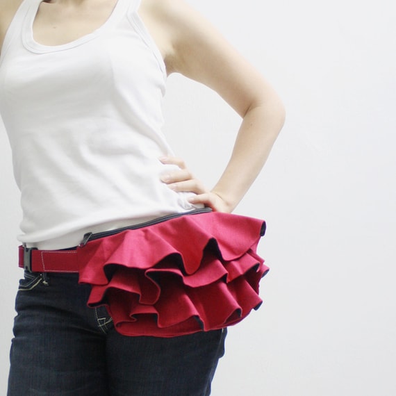 MAY Sale - Red Ruffled Canvas Women's Fanny Pack, Hip Bag, Belt pouch, Handbag, Handbag- Kinies Ruffled Waist Purse