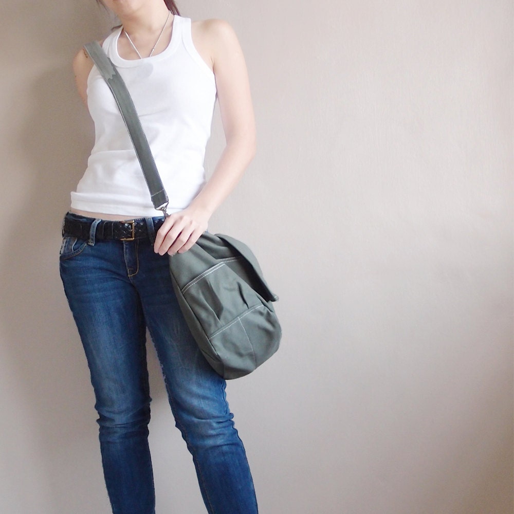 MAY Sale - Army Green Canvas Women Shoulder Bag, Messenger bag, Tote, Hobo, Diapers Bag, School Bag, Handbag - KINIES CLASSIC