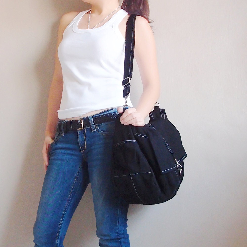 Father Day Sale - Black Canvas Women Shoulder Bag, Messenger bag, Tote, Hobo, Diapers Bag, School Bag, Handbag - KINIES CLASSIC
