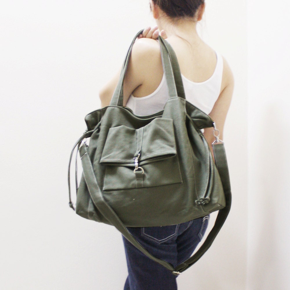MAY Sale - Khaki Canvas Women Double Straps Shoulder Bag, Tote, Crossbody Messenger, Diapers Bag, Laptop, School Bag, Handbag - EZ