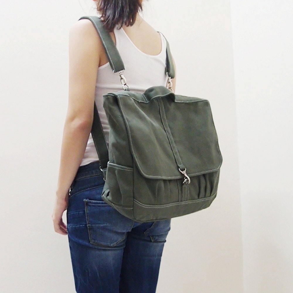 MAY Sale - Army Green Canvas Unisex Backpack, Rucksack, Satchels, Messenger Bag, shoulder bag, Laptop, School Bag, Handbag - MAXX