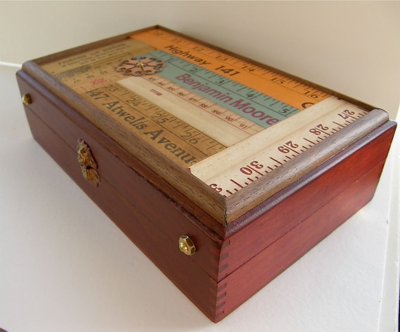 Pencil Box, Art Supply Box, Desk Organizer, Vintage Rulers, Wood