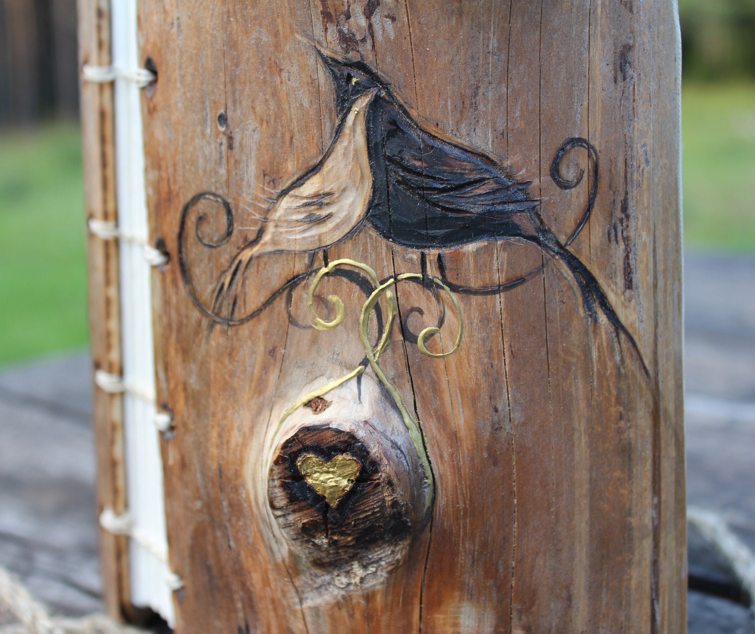 Coptic stich rustic wood journal with Love birds and gold heart