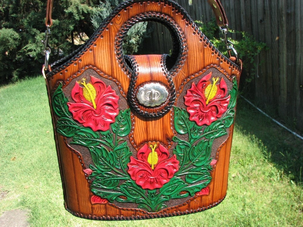 Hand Tooled -Hand Carved Leather Purse - Tote - Hibiscus