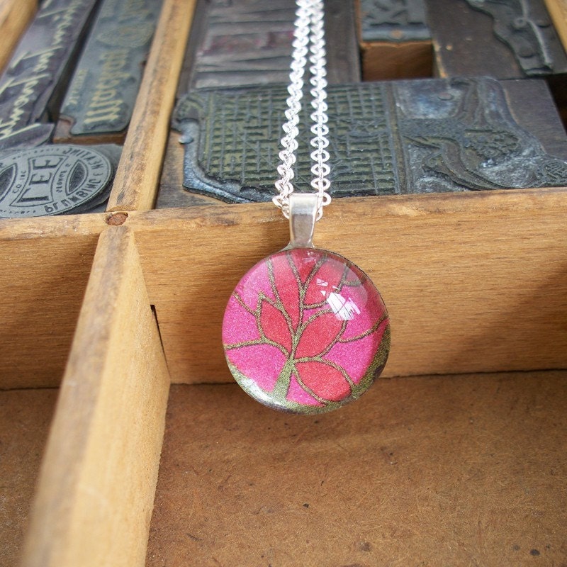 Pink and Brown Graphic Image Glass Bauble Pendant Necklace