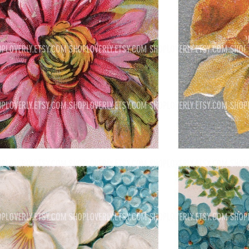 2 Inch Square Vintage Flowers - Digital Collage Sheet No. 201