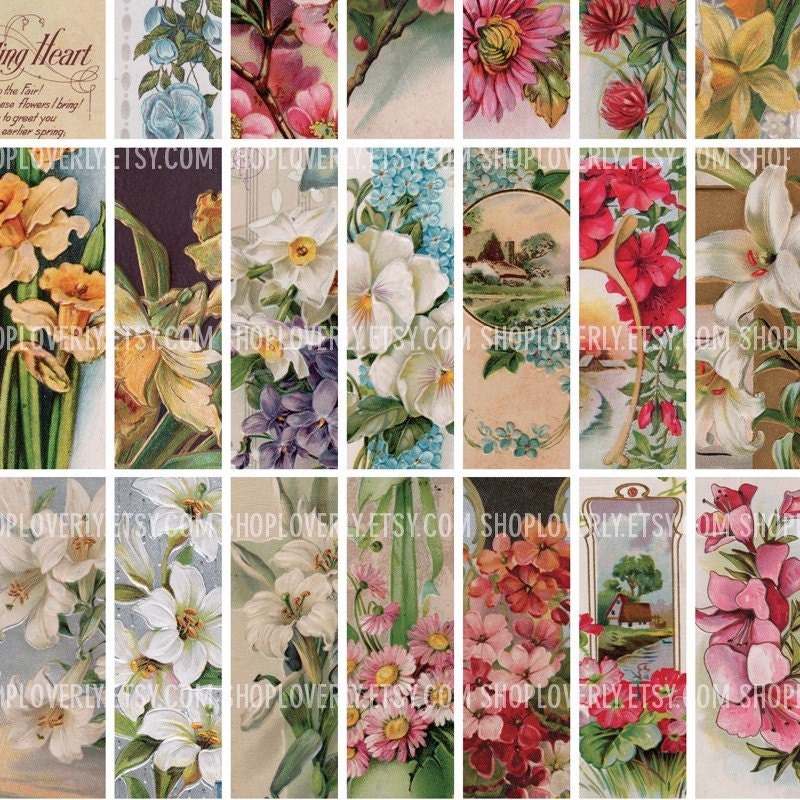 1x3 Inch Rectangle Vintage Flowers - Digital Collage Sheet No. 501