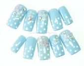 Japanese nail art, polka dots, pastel blue, long nails, 3D emboss flowers, Sayumi