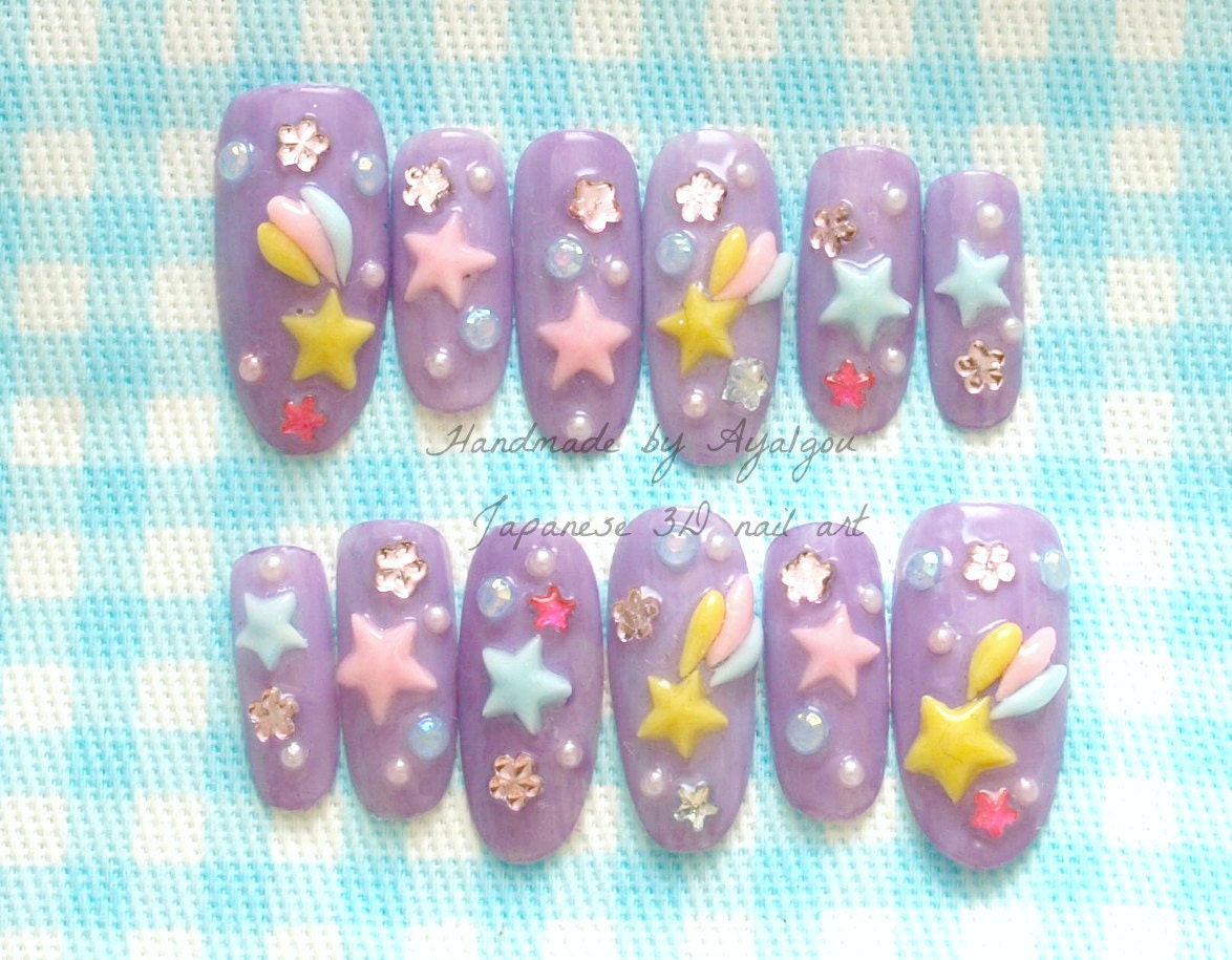 Kawaii 3D nails, fairy kei, lilac sweet lolita, japanese, stars