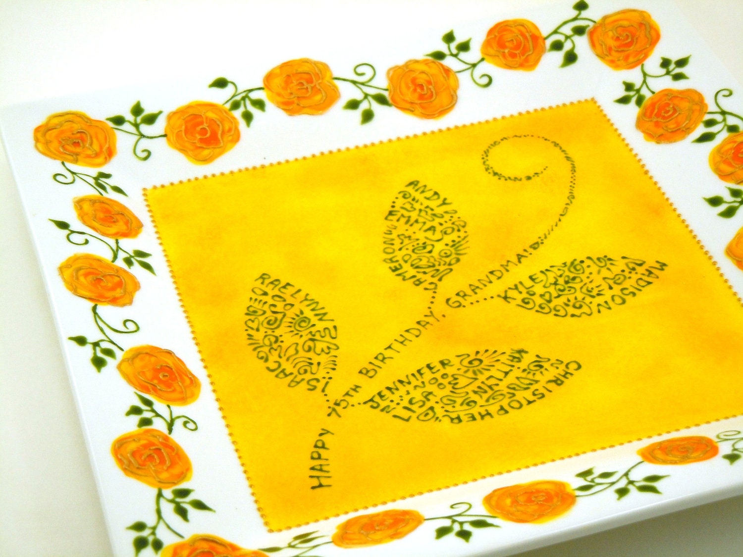 Happy Birthday plate - Custom hand painted plate personalized with names & birthday message - Yellow orange roses with gold highlights