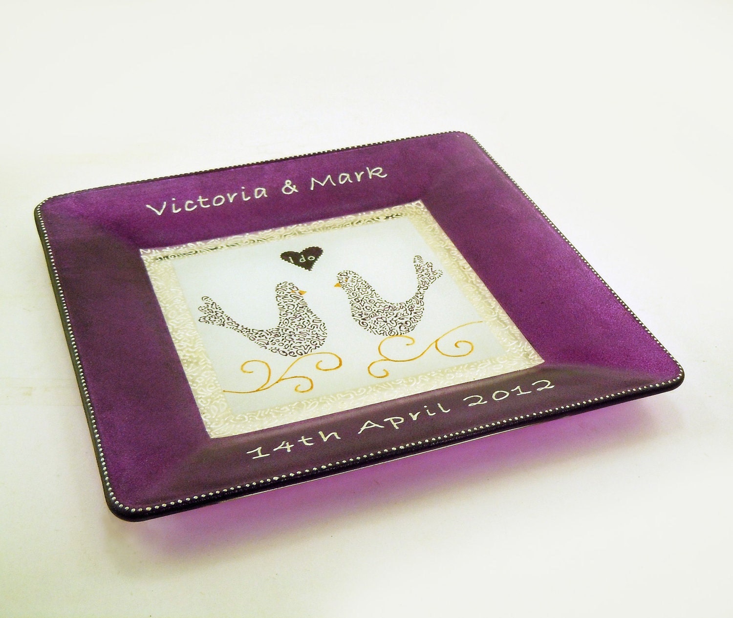 Purple wedding plate - Hand painted customized and personalized engagement, wedding or anniversary glass plate - All purple