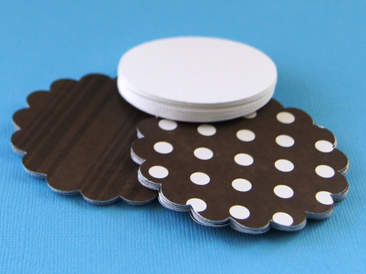 Scallop Tags Combo Set . Chocolate Brown Dots with White Circles . 20 of each