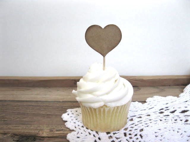 Cupcake Topper -kraft paper heart picks - set of 12 - wedding decor, wedding cupcake, baby shower, birthday party, bridal shower