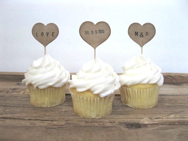 WEDDING Cupcake Toppers - 12 kraft PERSONALIZED HEART cupcake picks - wedding decor, wedding cupcake, personalized, baby shower, birthday
