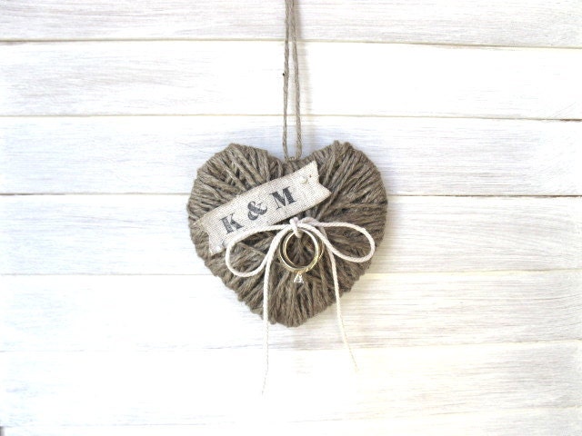Wedding Ring Bearer Pillow/Holder - REUSE as Christmas ornament /decor - HAND STAMPED initials, wedding decor - eco friendly