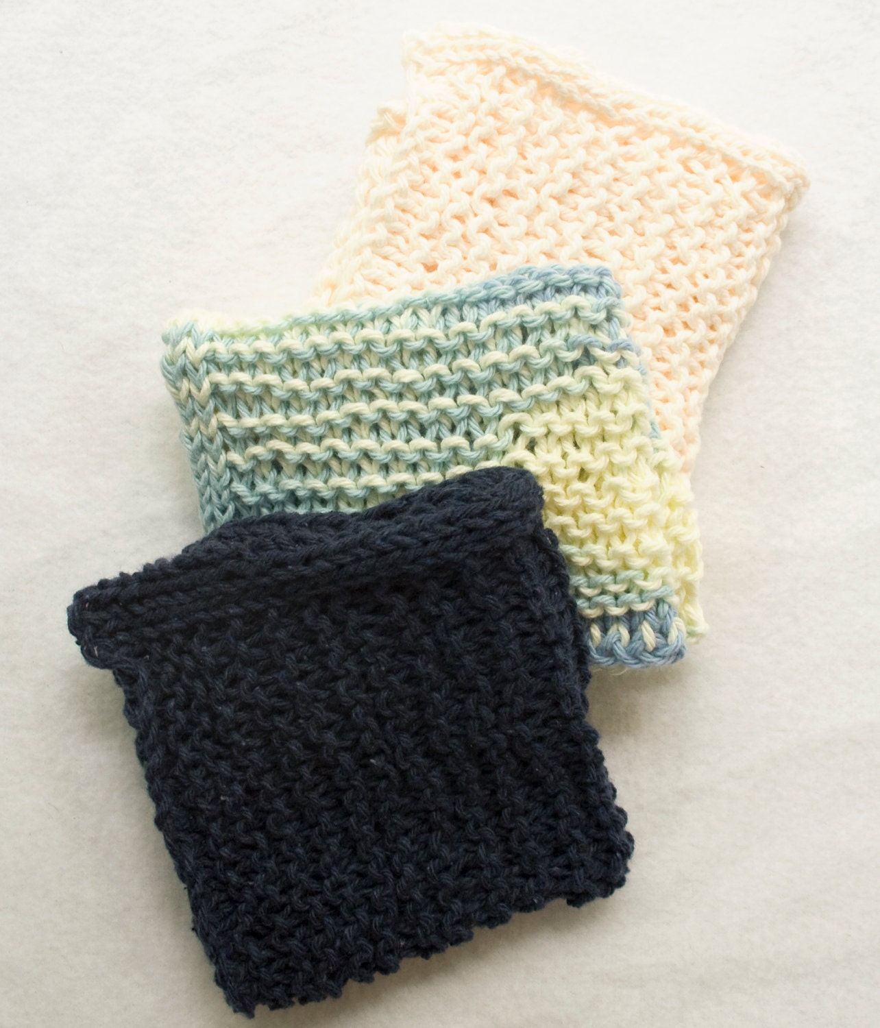 SALE - Hand Knit Cotton Wash Cloths in Denim Blues - 3-Pack - Ready to Ship