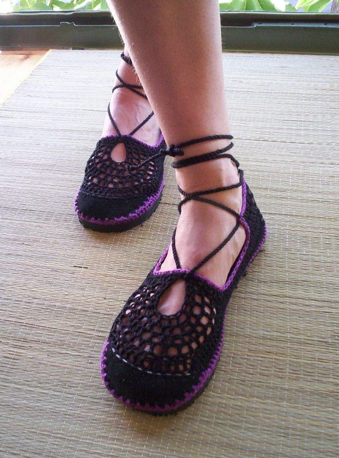 Lace up crochet SHOES - Mary Jane - Black  & Purple - CUSTOM MADE - Hippie chic sandals