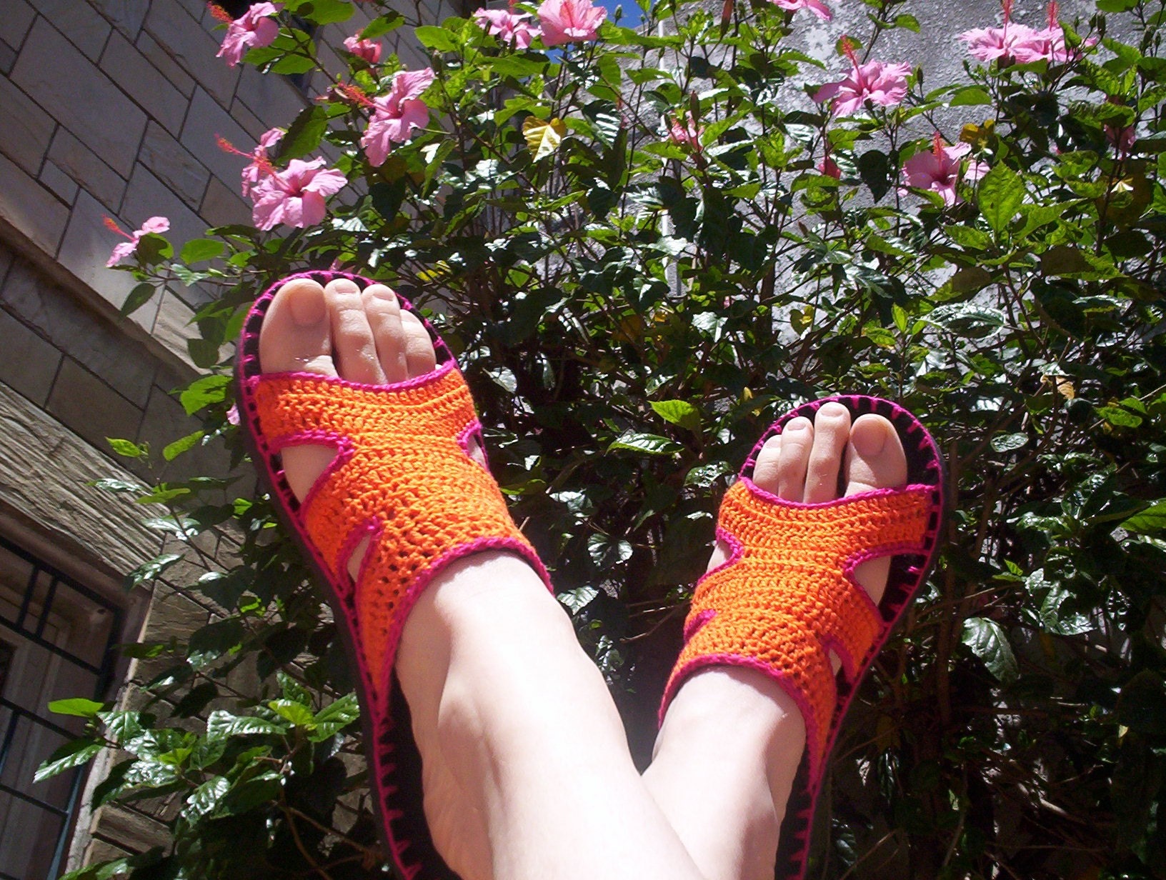Orange and Fuchsia Crocheted SANDALS - Boho hippie shoes - CUSTOM MADE